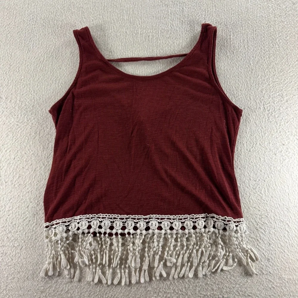 rue21 Tank Top Womens Large Burgundy Good Boho Crochet Fringe Strappy Back